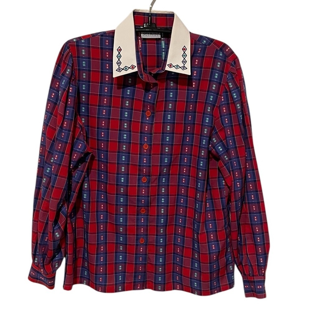 Vintage 70’s Koret City Blues Embroidered Plaid Button Up Shirt Size S
